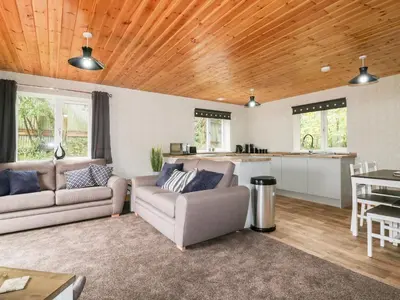 a living room with two couches and a kitchen at Lodge One in Truro