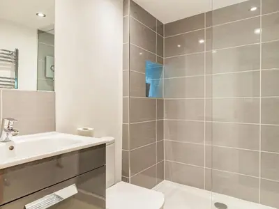 a bathroom with a shower and a toilet and a sink at 3 Rose Cottages in St. Agnes