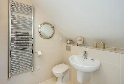 a bathroom with a toilet and a sink and a mirror at 9 Fernhill Penthouse in Carbis Bay
