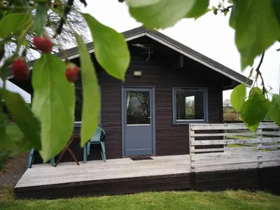 a small cabin with a wooden deck with a door at Avallon Lodges in Launceston