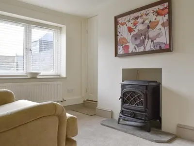 a living room with a stove and a couch at Millys Nook in St Austell