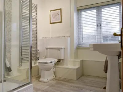a white bathroom with a toilet and a sink at Millys Nook in St Austell