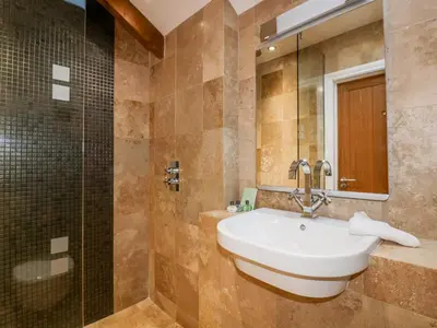 a bathroom with a sink and a shower at Sleepy Fox in Bodmin