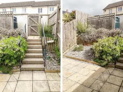 two pictures of a garden with a fence and stairs at Ripple in Bodmin