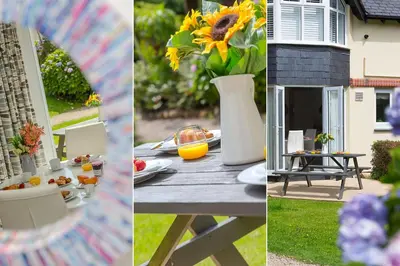 a picnic table with a vase of sunflowers and orange juice at Lamorna in St Ives