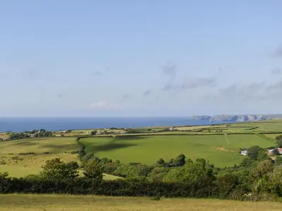 a green field with the ocean in the background at The Owl's Roost - Uk12087 in Saint Endellion
