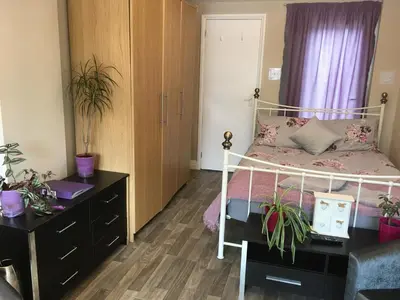 a bedroom with a bed and a dresser with plants at Cosy annex. in Threemilestone
