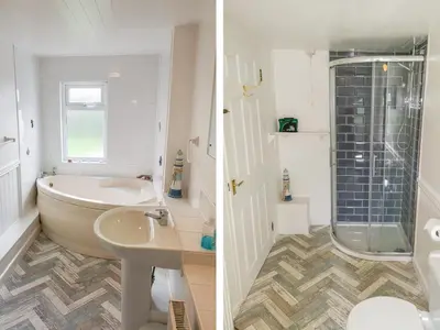 a bathroom with a tub and a sink and a shower at Gull Cottage in Tintagel