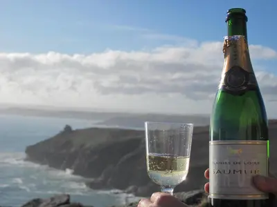 a person holding a bottle of wine and a glass at Little Pengelly Farm in Crowan
