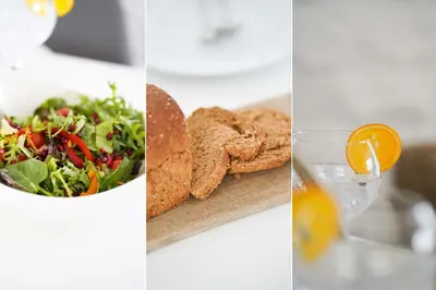two pictures of food and a salad and a glass of juice at Island Wastrel in St Ives