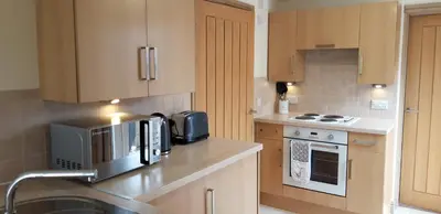 a kitchen with a sink and a microwave in it at Trelawne Garden Annexe in Falmouth