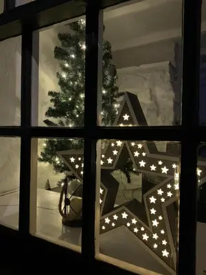 a window view of a christmas tree with lights at Lime Kiln Cottage, Pentewan, Cornwall in Pentewan