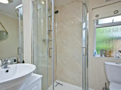 a bathroom with a shower and a sink at Forest Glade Lodge in Lanlivery