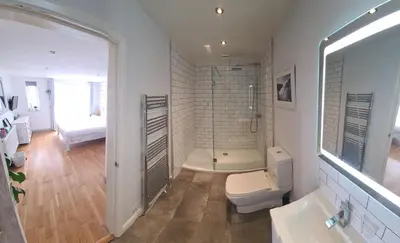 a bathroom with a shower and a toilet and a sink at Sea views, Cornwall, Portreath, hot tub, sauna in Portreath