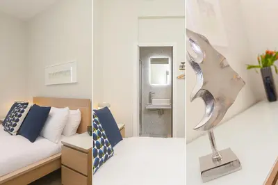 two pictures of a bedroom with a bed and a mirror at White Waves in St Ives