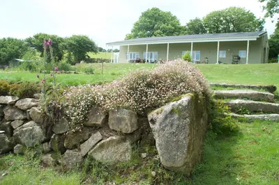 a stone retaining wall with a plant in front of a house at The Old Deer House in Bodmin