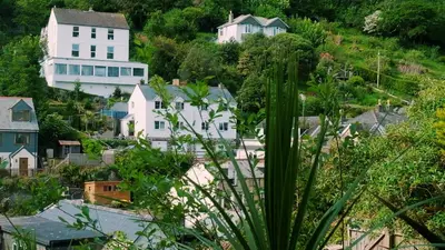 a view of a town with white houses at Commanders Cabin 'As seen in Beyond Paradise' in Looe