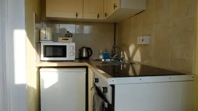 a small kitchen with a sink and a microwave at Bosons Bunks 'As seen in Beyond Paradise ' in Looe