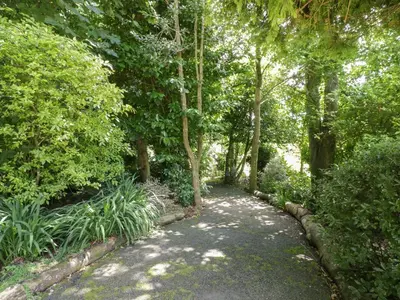 a path in a park with trees and plants at Brambleside Lodge in Truro