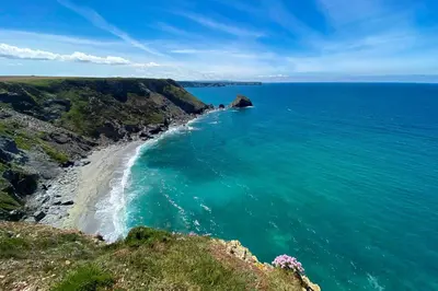 an aerial view of the ocean and a beach at SeaEsta in Portreath
