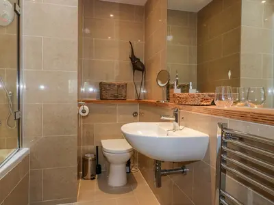 a bathroom with a sink and a toilet and a shower at The Bolt Hole in Torpoint
