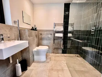 a bathroom with a toilet and a sink and a shower at Gwel an Heyl, Padstow in Little Petherick