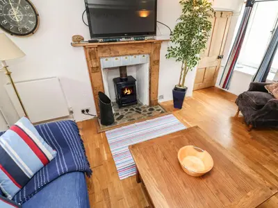 a living room with a fireplace and a tv at Labour in Vain in St Ives