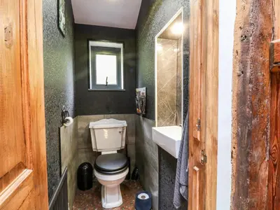 a small bathroom with a toilet and a sink at Elvan Cottage in Liskeard