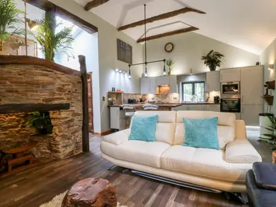 a living room with a white couch and a stone fireplace at Elvan Cottage in Liskeard