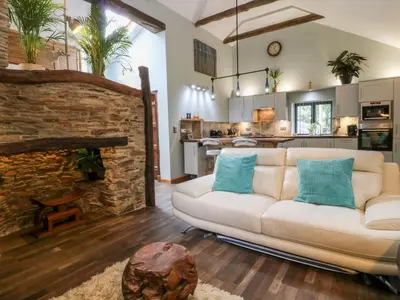 a living room with a white couch and a stone fireplace at Elvan Cottage in Liskeard