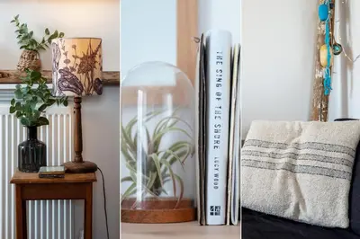two pictures of a book and a vase on a table at 3 Victoria House in St Ives