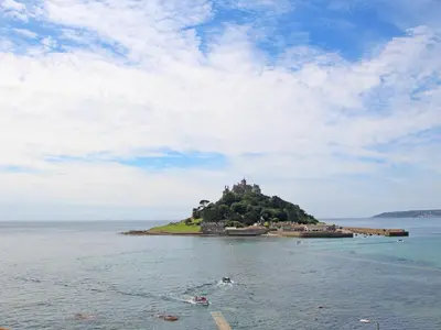an island with a castle on it in the water at The Beach Hut in St Ives