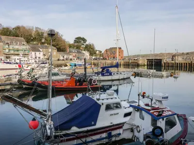 a group of boats are docked in a harbor at Summer Breeze in Padstow