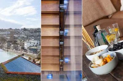 a collage of three pictures of food on a table at Penhaven in St Ives
