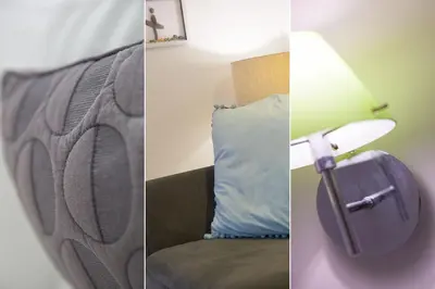 three pictures of a room with a couch and a lamp at Breaking Waves in St Ives