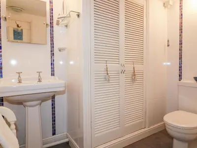 a bathroom with a shower and a toilet and a sink at Hawthorn Cottage in Bodmin