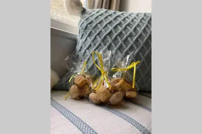 a pile of food on a bed next to a pillow at The Nest - St Ives in St Ives