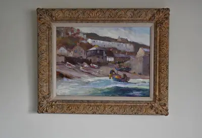 a painting of a boat in the water at Halwell Lodge in St Ives