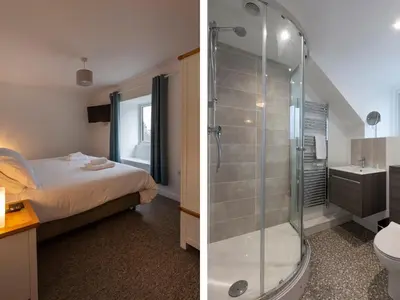 two pictures of a bathroom with a shower and a bedroom at Rose Cottage in St Ives