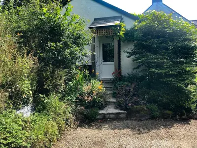 a small house with a white door and some bushes at Primrose End in Bude