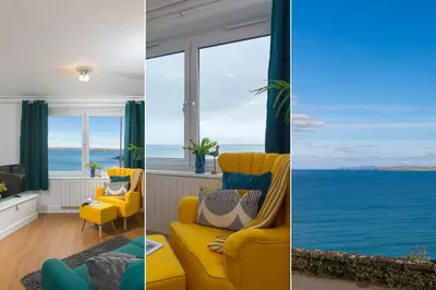 two pictures of a living room with a view of the ocean at 11 Carrack Widden in St Ives