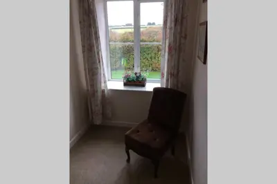 a chair sitting in front of a window with a plant at Okewoon Farm in Lanivet