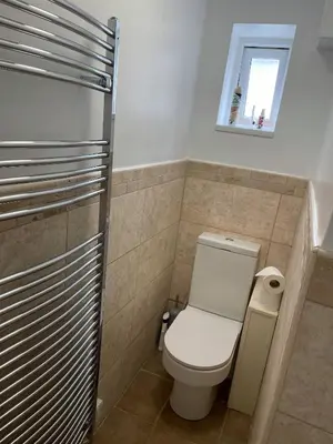 a small bathroom with a toilet and a mirror at 43 annexe in Newquay