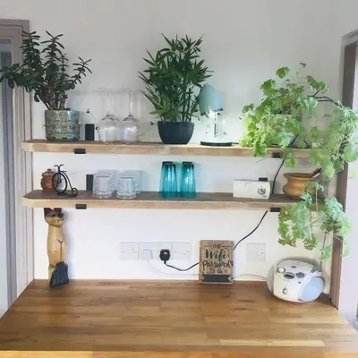 a room with wooden shelves with plants on it at 1 Bed Flat - Sleeps 2 - Pets - Balcony - Parking in Looe