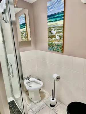 a bathroom with a toilet and a glass shower at Frogmore Corner in Tregoney