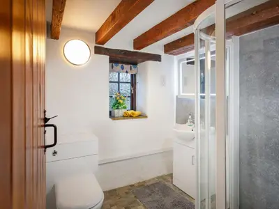 a bathroom with a toilet and a sink at Little Leighs in Launceston