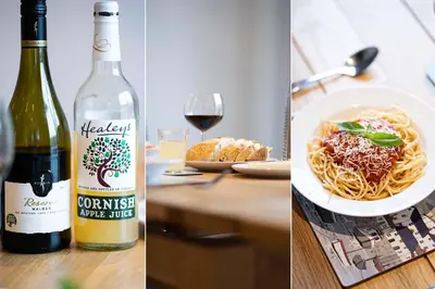 two pictures of a bottle of wine and a plate of pasta at Sea Shells in St Ives