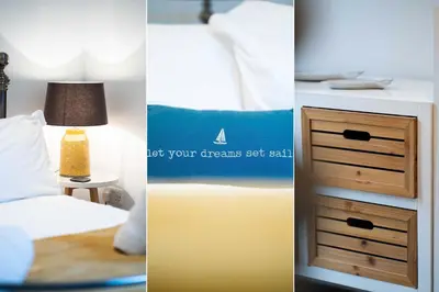 a collage of four different pictures of a bedroom at Sea Shells in St Ives