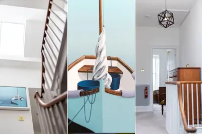 three views of a staircase in a house at Villa Louise in St Ives