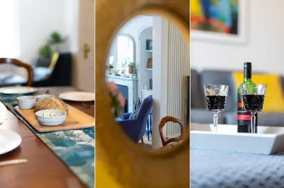 two pictures of a table with a glass of wine at Villa Louise in St Ives